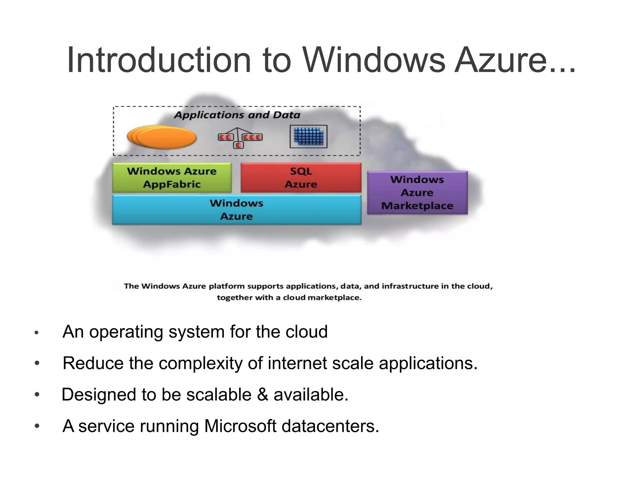 Introduction to Windows Azure...




•   An operating system for the cloud
•   Reduce the complexity of internet scale applications.
•   Designed to be scalable & available.
•   A service running Microsoft datacenters.
 