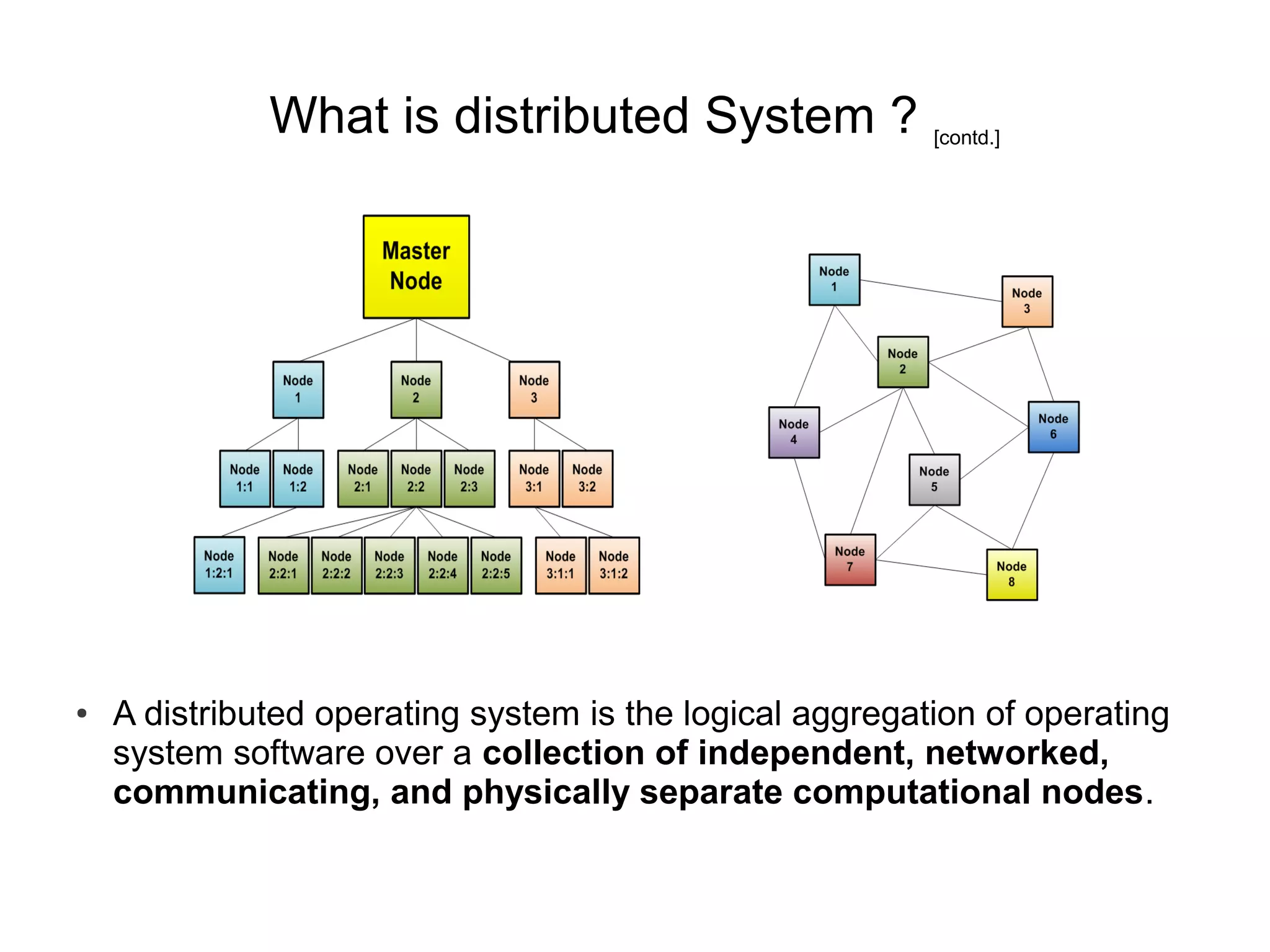 What is distributed System ?                [contd.]




●   A distributed operating system is the logical aggregation of operating
    system software over a collection of independent, networked,
    communicating, and physically separate computational nodes.
 
