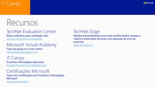 TechNet Evaluation Center
Baixe softwares para avaliação hoje.
technet.microsoft.com/evalcenter
Microsoft Virtual Academy
Faça de graça um curso online.
microsoftvirtualacademy.com
IT Camps
Encontre informações adicionais.
technet.microsoft.com/globalitcamps
Certificações Microsoft
Faça uma certificação nos Produtos e Tecnologias
Microsoft.
aka.ms/certifications
TechNet Edge
Receba semanalmente uma news da Microsoft e assista a
vídeos e entrevistas técnicas com pessoas do time de
produtos.
edge.technet.com
 