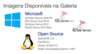 Imagens Disponíveis na Galeria
Microsoft
Windows Server 2008 R2
SQL Server Eval 2012
Windows Server 2012
Biztalk Server 2013 Beta
Open Source
OpenSUSE 12.2
CentOS 6.3
Ubuntu 12.04/12.10
SUSE Linux Enterprise Server 11 SP2
 