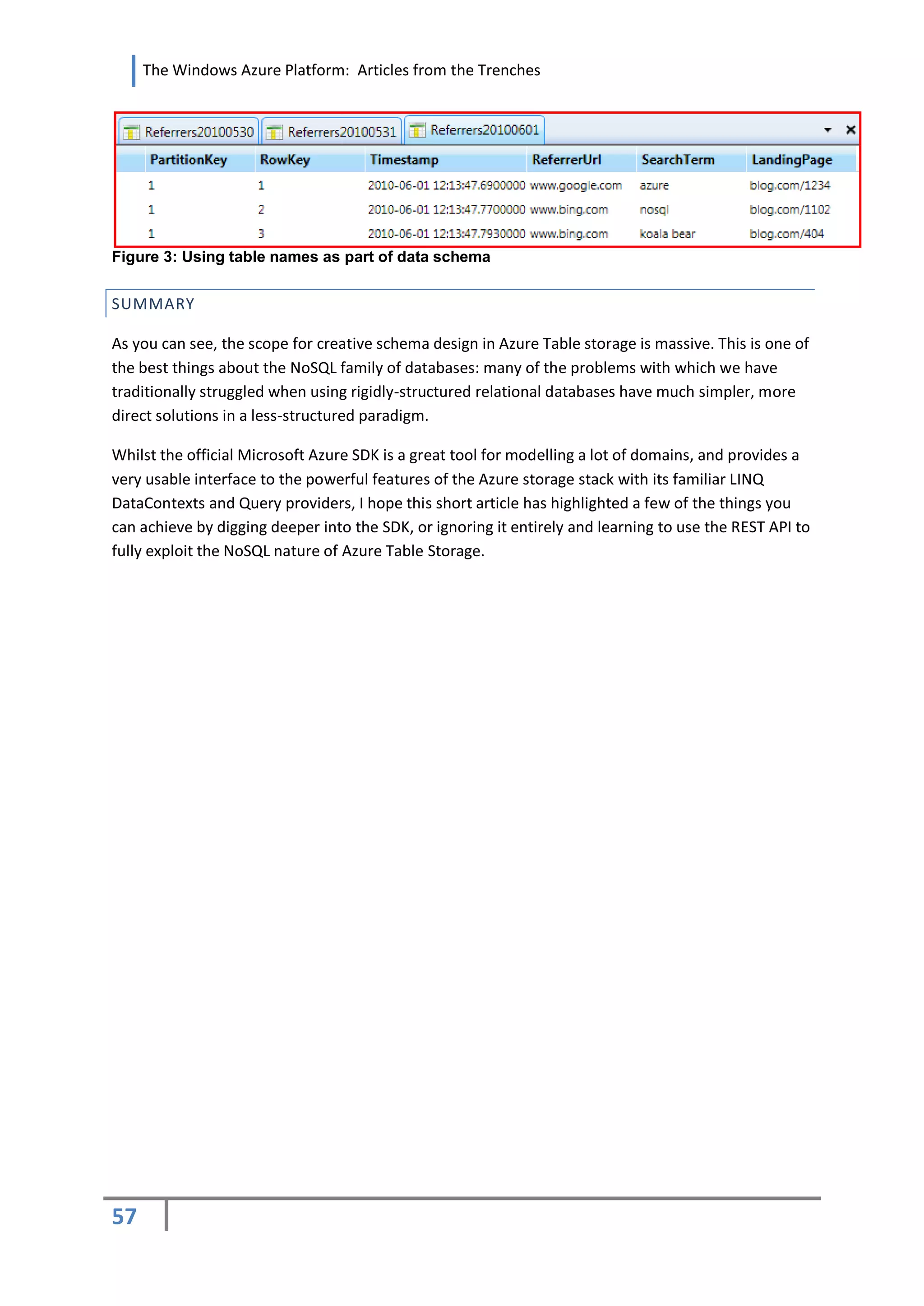 The Windows Azure Platform: Articles from the Trenches




Figure 3: Using table names as part of data schema


SUMMARY

As you can see, the scope for creative schema design in Azure Table storage is massive. This is one of
the best things about the NoSQL family of databases: many of the problems with which we have
traditionally struggled when using rigidly-structured relational databases have much simpler, more
direct solutions in a less-structured paradigm.

Whilst the official Microsoft Azure SDK is a great tool for modelling a lot of domains, and provides a
very usable interface to the powerful features of the Azure storage stack with its familiar LINQ
DataContexts and Query providers, I hope this short article has highlighted a few of the things you
can achieve by digging deeper into the SDK, or ignoring it entirely and learning to use the REST API to
fully exploit the NoSQL nature of Azure Table Storage.




57
 
