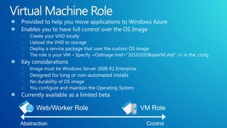 Virtual Machine RoleProvided to help you move applications to Windows AzureEnables you to have full control over the OS ImageCreate your VHD locallyUpload the VHD to storageDeploy a service package that uses the custom OS imageThe role is your VM – Specify <OsImagehref="20101020BaseVM.vhd" /> in the .cscfgKey considerationsImage must be Windows Server 2008 R2 EnterpriseDesigned for long or non-automated installsNo durability of OS imageYou configure and maintain the Operating SystemCurrently available as a limited betaVM RoleWeb/Worker RoleAbstractionControl