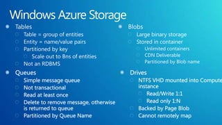 Windows Azure StorageTablesTable = group of entitiesEntity = name/value pairsPartitioned by keyScale out to Bns of entitiesNot an RDBMSBlobsLarge binary storageStored in containerUnlimited containersCDN DeliverablePartitioned by Blob nameQueuesSimple message queueNot transactionalRead at least onceDelete to remove message, otherwise is returned to queuePartitioned by Queue NameDrivesNTFS VHD mounted into Compute instanceRead/Write 1:1Read only 1:NBacked by Page BlobCannot remotely map