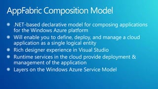 AppFabric Composition Model.NET-based declarative model for composing applications for the Windows Azure platformWill enable you to define, deploy, and manage a cloud  application as a single logical entityRich designer experience in Visual StudioRuntime services in the cloud provide deployment & management of the applicationLayers on the Windows Azure Service Model