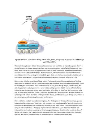Figure 6: Windows Azure allows storing data in blobs, tables, and queues, all accessed in a RESTful style
                                         via HTTP or HTTPS.

The simplest way to store data in Windows Azure storage is to use blobs. As Figure 6 suggests, there’s a
simple hierarchy: A storage account can have one or more containers, each of which holds one or more
blobs. Blobs can be big—up to 50 gigabytes each—and to make transferring large blobs more efficient,
each one can be subdivided into blocks. If a failure occurs, retransmission can resume with the most
recent block rather than sending the entire blob again. Blobs can also have associated metadata, such as
information about where a JPEG photograph was taken or who the composer is for an MP3 file.

Blobs are just right for some kinds of data, but they’re too unstructured for many situations. To allow
applications to work with data in a more fine-grained way, Windows Azure storage provides tables. Don’t
be misled by the name: These aren’t relational tables. In fact, even though they’re called “tables”, the
data they contain is actually stored in a set of entities with properties. A table has no defined schema;
instead, properties can have various types, such as int, string, Bool, or DateTime. And rather than using
SQL, an application can access a table’s data using ADO.NET Data Services or LINQ. A single table can be
quite large, with billions of entities holding terabytes of data, and Windows Azure storage can partition it
across many servers if necessary to improve performance.

Blobs and tables are both focused on storing data. The third option in Windows Azure storage, queues,
has a quite different purpose. The primary role of queues is to provide a way for Web role instances to
communicate with Worker role instances. For example, a user might submit a request to perform some
compute-intensive task via a Web page implemented by a Windows Azure Web role. The Web role
instance that receives this request can write a message into a queue describing the work to be done. A
Worker role instance that’s waiting on this queue can then read the message and carry out the task it
specifies. Any results can be returned via another queue or handled in some other way.



                                                     12
 