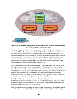 Figure 11: Service Bus allows an application to register endpoints, then have other applications discover
                             and use those endpoints to access its services.

To begin, your application registers one or more endpoints with Service Bus (step 1), which exposes them
on your behalf. Service Bus assigns your organization a URI root, below which you’re free to create any
naming hierarchy you like. This allows your endpoints to be assigned specific, discoverable URIs. Your
application must also open a connection with Service Bus for each endpoint it exposes. Service Bus holds
this connection open, which solves two problems. First, NAT is no longer an issue, since traffic on the
open connection with Service Bus will always be routed to your application. Second, because the
connection was initiated from inside the firewall, there’s no problem passing information back to the
application via this connection—the firewall won’t block this traffic.

When an application in some other organization (or even a different part of your own) wishes to access
your application, it contacts the Service Bus registry (step 2). This request uses the Atom Publishing
Protocol, and it returns an AtomPub service document with references to your application’s endpoints.
Once it has these, it can invoke services offered through these endpoints (step 3). Each request is received
by Service Bus, then passed on to your application, with responses traveling the reverse path. And
although it’s not shown in the figure, Service Bus establishes a direct connection between an application
and its client whenever possible, making their communication more efficient.

Service Bus also allows communication via queues. This lets a client application send messages even when
the listening application isn’t available; Service Bus can queue the messages for up to a week waiting for
the listener to receive them. It’s also possible for a client to send messages to a Service Bus queue, then
have those messages received by more than one listener.

Along with making communication easier, Service Bus can also improve security. Because clients now see
only an IP address provided by Service Bus, there’s no need to expose any IP addresses from within your



                                                     20
 