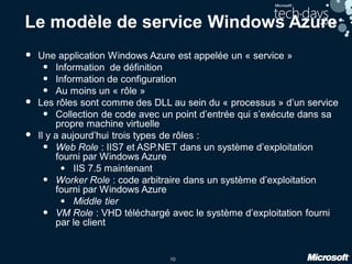 10
Le modèle de service Windows Azure
• Une application Windows Azure est appelée un « service »
• Information de définition
• Information de configuration
• Au moins un « rôle »
• Les rôles sont comme des DLL au sein du « processus » d’un service
• Collection de code avec un point d’entrée qui s’exécute dans sa
propre machine virtuelle
• Il y a aujourd’hui trois types de rôles :
• Web Role : IIS7 et ASP.NET dans un système d’exploitation
fourni par Windows Azure
• IIS 7.5 maintenant
• Worker Role : code arbitraire dans un système d’exploitation
fourni par Windows Azure
• Middle tier
• VM Role : VHD téléchargé avec le système d’exploitation fourni
par le client
 