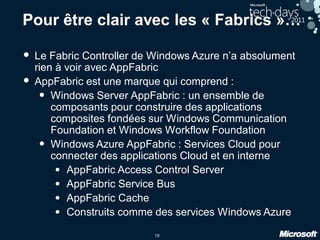 18
Pour être clair avec les « Fabrics »…
• Le Fabric Controller de Windows Azure n’a absolument
rien à voir avec AppFabric
• AppFabric est une marque qui comprend :
• Windows Server AppFabric : un ensemble de
composants pour construire des applications
composites fondées sur Windows Communication
Foundation et Windows Workflow Foundation
• Windows Azure AppFabric : Services Cloud pour
connecter des applications Cloud et en interne
• AppFabric Access Control Server
• AppFabric Service Bus
• AppFabric Cache
• Construits comme des services Windows Azure
 