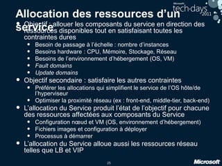 25
Allocation des ressources d’un
service• Objectif : allouer les composants du service en direction des
ressources disponibles tout en satisfaisant toutes les
contraintes dures
• Besoin de passage à l’échelle : nombre d’instances
• Besoins hardware : CPU, Mémoire, Stockage, Réseau
• Besoins de l’environnement d’hébergement (OS, VM)
• Fault domains
• Update domains
• Objectif secondaire : satisfaire les autres contraintes
• Préférer les allocations qui simplifient le service de l’OS hôte/de
l’hyperviseur
• Optimiser la proximité réseau (ex : front-end, middle-tier, back-end)
• L’allocation du Service produit l’état de l’objectif pour chacune
des ressources affectées aux composants du Service
• Configuration nœud et VM (OS, environnement d’hébergement)
• Fichiers images et configuration à déployer
• Processus à démarrer
• L’allocation du Service alloue aussi les ressources réseau
telles que LB et VIP
 