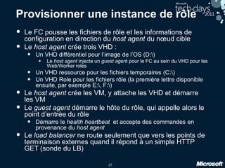 27
Provisionner une instance de rôle
• Le FC pousse les fichiers de rôle et les informations de
configuration en direction du host agent du nœud cible
• Le host agent crée trois VHD :
• Un VHD différentiel pour l’image de l’OS (D:)
• Le host agent injecte un guest agent pour le FC au sein du VHD pour les
Web/Worker roles
• Un VHD ressource pour les fichiers temporaires (C:)
• Un VHD Role pour les fichiers rôle (la première lettre disponible
ensuite, par exemple E:, F:)
• Le host agent crée les VM, y attache les VHD et démarre
les VM
• Le guest agent démarre le hôte du rôle, qui appelle alors le
point d’entrée du rôle
• Démarre le health heartbeat et accepte des commandes en
provenance du host agent
• Le load balancer ne route seulement que vers les points de
terminaison externes quand il répond à un simple HTTP
GET (sonde du LB)
 