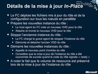 33
Détails de la mise à jour In-Place
• Le FC déploie les fichiers mis à jour du rôle et de la
configuration sur tous les nœuds en parallèle
• Prépare les nouvelles instance du rôle :
• Le host agent du FC crée un nouveau VHD pour le rôle
• Attache et monte le nouveau VHD pour le rôle
• Stoppe l’ancienne instance du rôle :
• Le FC charge le guest agent de stopper l’instance du rôle
• Démonte et détache l’ancien VDD du rôle
• Démarre les nouvelles instances du rôle :
• Appelle le nouveau point d’entrée du rôle
• Considère que la mise à jour de l’instance du rôle a été
couronnée de succès quand le code du rôle signale « ready »
• A noter le fait que le volume de ressource est préservé
lors de la mise à jour de l’instance du rôle
 