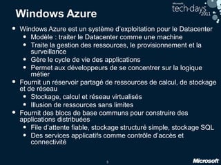 5
Windows Azure
• Windows Azure est un système d’exploitation pour le Datacenter
• Modèle : traiter le Datacenter comme une machine
• Traite la gestion des ressources, le provisionnement et la
surveillance
• Gère le cycle de vie des applications
• Permet aux développeurs de se concentrer sur la logique
métier
• Fournit un réservoir partagé de ressources de calcul, de stockage
et de réseau
• Stockage, calcul et réseau virtualisés
• Illusion de ressources sans limites
• Fournit des blocs de base communs pour construire des
applications distribuées
• File d’attente fiable, stockage structuré simple, stockage SQL
• Des services applicatifs comme contrôle d’accès et
connectivité
 