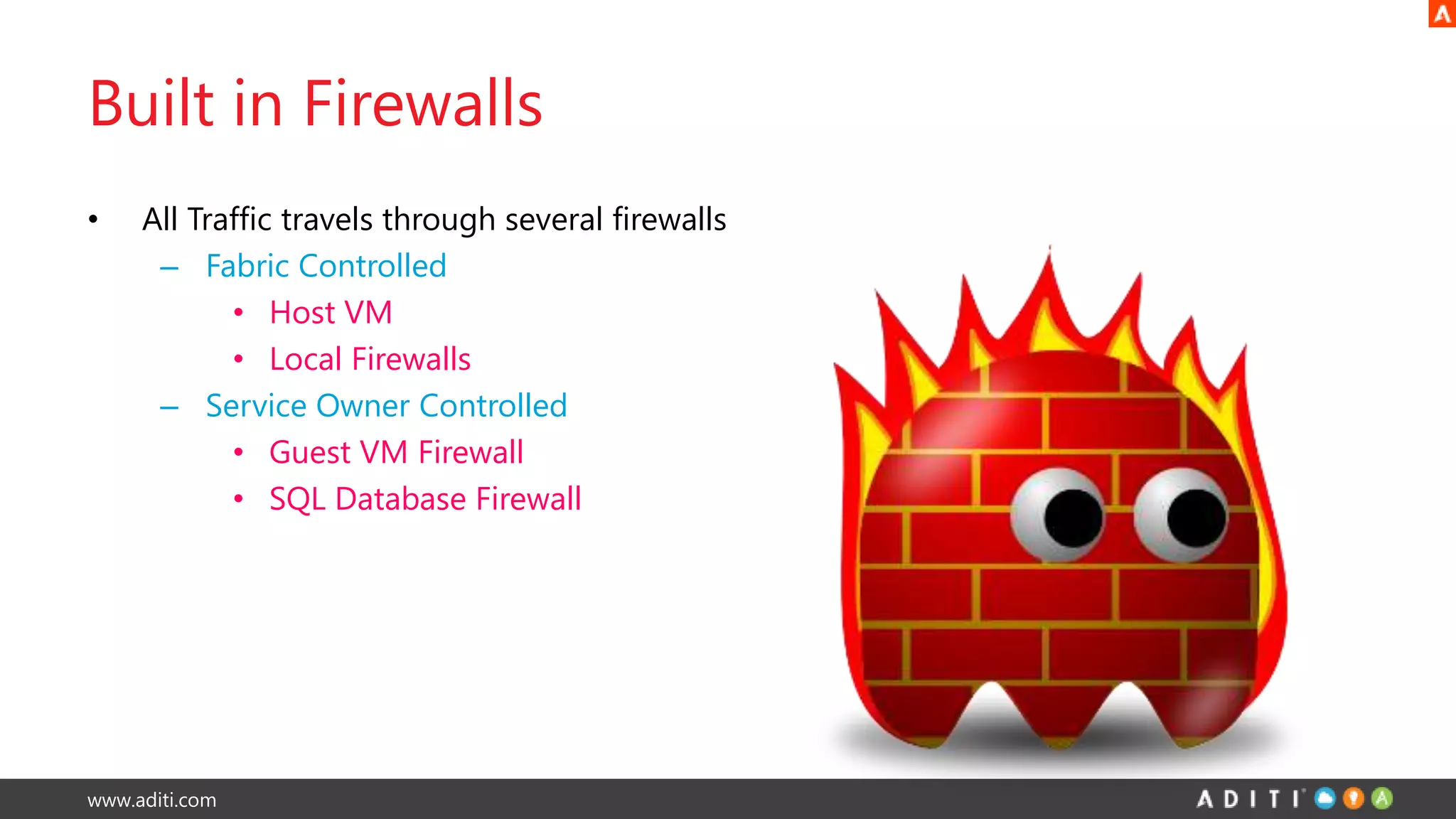 www.aditi.com
Built in Firewalls
• All Traffic travels through several firewalls
– Fabric Controlled
• Host VM
• Local Firewalls
– Service Owner Controlled
• Guest VM Firewall
• SQL Database Firewall
 