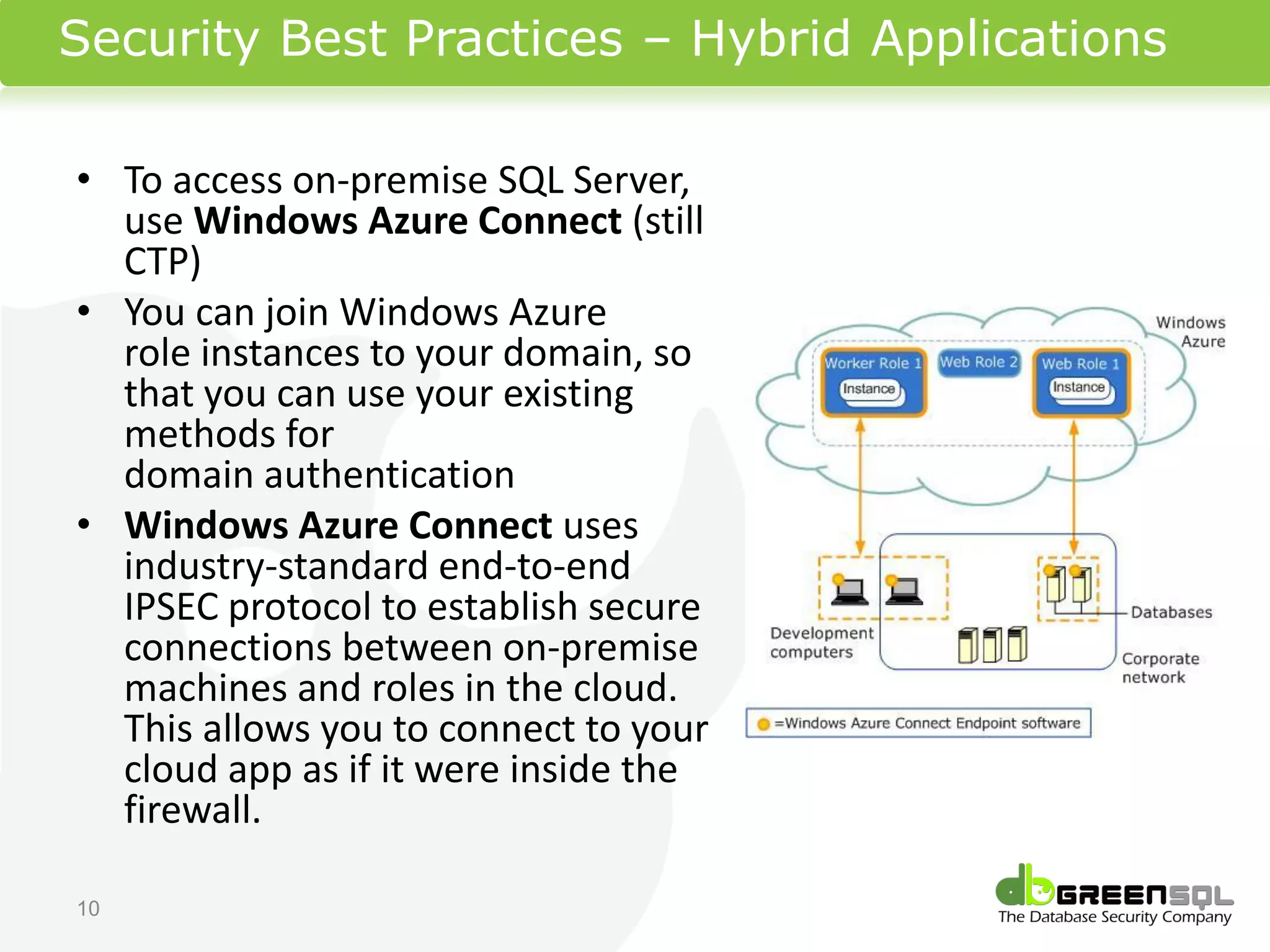 Security Best Practices – Hybrid Applications

• To access on-premise SQL Server,
  use Windows Azure Connect (still
  CTP)
• You can join Windows Azure
  role instances to your domain, so
  that you can use your existing
  methods for
  domain authentication
• Windows Azure Connect uses
  industry-standard end-to-end
  IPSEC protocol to establish secure
  connections between on-premise
  machines and roles in the cloud.
  This allows you to connect to your
  cloud app as if it were inside the
  firewall.

10
 