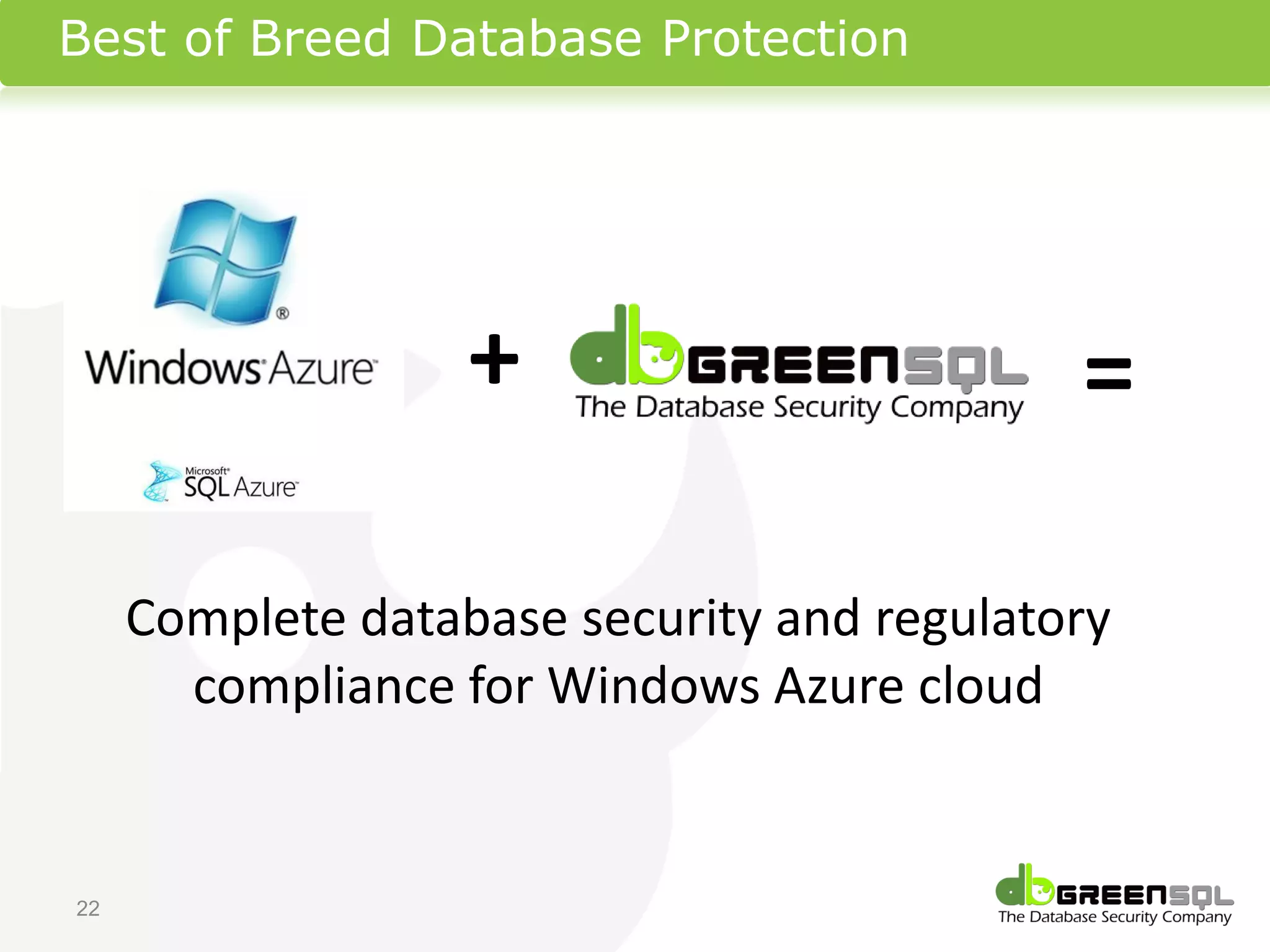 Best of Breed Database Protection




                   +                        =

     Complete database security and regulatory
       compliance for Windows Azure cloud


22
 