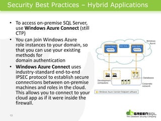 Security Best Practices – Hybrid Applications

• To access on-premise SQL Server,
  use Windows Azure Connect (still
  CTP)
• You can join Windows Azure
  role instances to your domain, so
  that you can use your existing
  methods for
  domain authentication
• Windows Azure Connect uses
  industry-standard end-to-end
  IPSEC protocol to establish secure
  connections between on-premise
  machines and roles in the cloud.
  This allows you to connect to your
  cloud app as if it were inside the
  firewall.

10
 