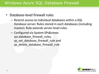 Windows Azure SQL Database Firewall


• Database-level firewall rules
     – Restrict access to individual databases within a SQL
       Database server. Rules stored in each databases (including
       master). Rule extends server-level rules.
     – Configured via System SPs&views
       sys.database_firewall_rules,
       sp_set_database_firewall_rule and
       sp_delete_database_firewall_rule




12
 