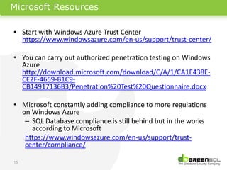 Microsoft Resources

• Start with Windows Azure Trust Center
  https://www.windowsazure.com/en-us/support/trust-center/

• You can carry out authorized penetration testing on Windows
  Azure
  http://download.microsoft.com/download/C/A/1/CA1E438E-
  CE2F-4659-B1C9-
  CB14917136B3/Penetration%20Test%20Questionnaire.docx

• Microsoft constantly adding compliance to more regulations
  on Windows Azure
   – SQL Database compliance is still behind but in the works
     according to Microsoft
   https://www.windowsazure.com/en-us/support/trust-
   center/compliance/

15
 
