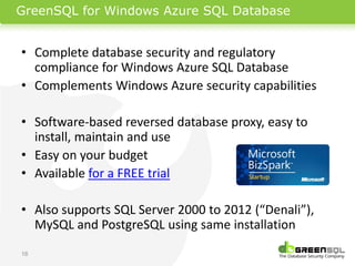 GreenSQL for Windows Azure SQL Database


• Complete database security and regulatory
  compliance for Windows Azure SQL Database
• Complements Windows Azure security capabilities

• Software-based reversed database proxy, easy to
  install, maintain and use
• Easy on your budget
• Available for a FREE trial

• Also supports SQL Server 2000 to 2012 (“Denali”),
  MySQL and PostgreSQL using same installation
16
 