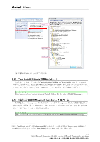 これで IIS の追加インストールは終了となります。


    2.1.2   Visual Studio 2010 Ultimate 評価版のインストール
       次に開発ツールをインストールします。Windows Azure SDK 1.2 は、Visual Studio 2008 SP1 にも対応して
     いますが、今回は Visual Studio 2010 Ultimate 試用版を用いて開発します2。以下のリンクからダウンロードし、
     インストールしてください。なお、インストール時にはすべてデフォルトのオプションを利用してください。

         ダウンロードサイト
         http://www.microsoft.com/downloads/details.aspx?FamilyID=06a32b1c-80e9-41df-ba0c-79d56cb823f7&displaylang=ja



    2.1.3   SQL Server 2008 R2 Management Studio Express のインストール
       次に SQL Server Management Studio をインストールします。Management Studio を利用すると、データ
     ベースサービスを管理できます。以下のリンクよりダウンロードし、インストールしてください。なお、インストール時
     にはすべてデフォルトのオプションを利用してください。

         ダウンロードサイト
         http://www.microsoft.com/downloads/details.aspx?familyid=56AD557C-03E6-4369-9C1D-E81B33D8026B&displaylang=ja




2   （参考） Visual Studio 2008 SP1 に Windows Azure SDK 1.2 をインストールして開発する場合、Windows Azure SDK 1.2 のすべ
    ての機能を使うことができません。このため、Visual Studio に関しては、2010 を利用することを推奨します。



                                                                                                                     p.12
                                © 2010 Microsoft Corporation. All rights reserved. / Microsoft Consulting Services Japan
                                                           本書の全部または一部の無断複製・転載及び商用利用等を禁じます。
 