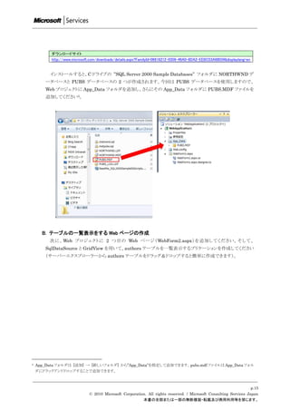 ダウンロードサイト
          http://www.microsoft.com/downloads/details.aspx?FamilyId=06616212-0356-46A0-8DA2-EEBC53A68034&displaylang=en


         インストールすると、C ドライブの ”SQL Server 2000 Sample Databases” フォルダに NORTHWND デ
       ータベースと PUBS データベースの 2 つが作成されます。今回は PUBS データベースを使用しますので、
       Web プロジェクトに App_Data フォルダを追加し、さらにその App_Data フォルダに PUBS.MDF ファイルを
       追加してください3。




      B. テーブルの一覧表示をする Web ページの作成
         次に、Web プロジェクトに 2 つ目の Web ページ（WebForm2.aspx）を追加してください。そして、
       SqlDataSource と GridView を用いて、authors テーブルを一覧表示するプリケーションを作成してください
       （サーバーエクスプローラーから authors テーブルをドラッグ＆ドロップすると簡単に作成できます）。




3   App_Data フォルダは [追加] → [新しいフォルダ] から”App_Data”を指定して追加できます。pubs.mdf ファイルは App_Data フォル
    ダにドラックアンドドロップすることで追加できます。



                                                                                                                   p.15
                              © 2010 Microsoft Corporation. All rights reserved. / Microsoft Consulting Services Japan
                                                         本書の全部または一部の無断複製・転載及び商用利用等を禁じます。
 