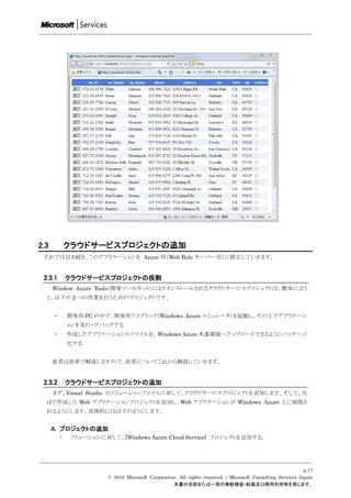 2.3           クラウドサービスプロジェクトの追加
 それでは引き続き、このアプリケーションを Azure 用（Web Role サーバー用）に修正していきます。


 2.3.1        クラウドサービスプロジェクトの役割
      Window Azure Tools（開発ツールキット）によりインストールされるクラウドサービスプロジェクトは、簡単に言う
  と、以下の 2 つの作業を行うためのプロジェクトです。


      ・       開発用 PC の中で、開発用ファブリック（Windows Azure エミュレータ）を起動し、その上でアプリケーシ
              ョンを実行・デバッグする
      ・       作成したアプリケーションのファイルを、Windows Azure 本番環境へアップロードできるようにパッケージ
              化する


      後者は次章で解説しますので、前者についてこれから解説していきます。


 2.3.2        クラウドサービスプロジェクトの追加
      まず、Visual Studio のソリューションファイルに対して、クラウドサービスプロジェクトを追加します。そして、先
  ほど作成した Web アプリケーションプロジェクトを追加し、Web アプリケーションが Windows Azure 上に展開さ
  れるようにします。具体的には以下のようにします。


      A. プロジェクトの追加
          ・   ソリューションに対して、[Windows Azure Cloud Service] プロジェクトを追加する。




                                                                                                             p.17
                        © 2010 Microsoft Corporation. All rights reserved. / Microsoft Consulting Services Japan
                                                   本書の全部または一部の無断複製・転載及び商用利用等を禁じます。
 
