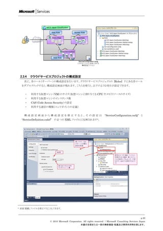 2.3.4   クラウドサービスプロジェクトの構成設定
       次に、各ロール（サーバー）の構成設定を行います。クラウドサービスプロジェクトの [Roles] 下にある各ロール
     をダブルクリックすると、構成設定画面が現れます。こちらを使うと、以下のような項目が設定できます。


       ・    利用する仮想マシン（VM）のサイズ（仮想マシンに割り当てる CPU やメモリリソースのサイズ）
       ・    利用する仮想マシンのインスタンス数
       ・    CAS（Code Access Security）の設定
       ・    利用する通信の種類（エンドポイントの定義）


       構成設定画面から構成設定を修正すると、その設定は                                                 “ServiceConfiguration.cscfg” と
     “ServiceDefinition.csdef”   の 2 つの XML ファイルに反映されます5。




5   直接 XML ファイルを修正することもできます。



                                                                                                                  p.20
                             © 2010 Microsoft Corporation. All rights reserved. / Microsoft Consulting Services Japan
                                                        本書の全部または一部の無断複製・転載及び商用利用等を禁じます。
 