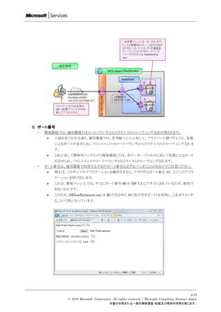 C. ポート番号
 ・   開発環境では、運用環境とはロードバランサからのリクエストのルーティング方法が異なります。
        上図を見てわかる通り、運用環境では、各 VM マシンに対して、プライベート IP アドレスと、乱数
         によるポートが定められ、フロントエンドのロードバランサからのリクエストがルーティングされま
         す。
        これに対して開発用ファブリック（開発環境）では、各ワーカープロセスに対して乱数によるポート
        が定められ、フロントエンドのロードバランサからリクエストがルーティングされます。
 ・   ポート番号は、運用環境で利用する予定のポート番号とはずれてしまうことがあるのでご注意ください。
        例えば、このサンプルアプリケーションを動作させると、ブラウザはポート番号 81 上でこのアプリ
         ケーションを呼び出します。
        これは、開発マシン上では、すでにポート番号 80 が IIS 7.5 にアサインされているため、使用で
         きないからです。
        このため、DFloadbalancer.exe は 80 の代わりに 81（次の空きポート）を利用し、これをリスンす
         る、という形になっています。




                                                                                                   p.24
              © 2010 Microsoft Corporation. All rights reserved. / Microsoft Consulting Services Japan
                                         本書の全部または一部の無断複製・転載及び商用利用等を禁じます。
 