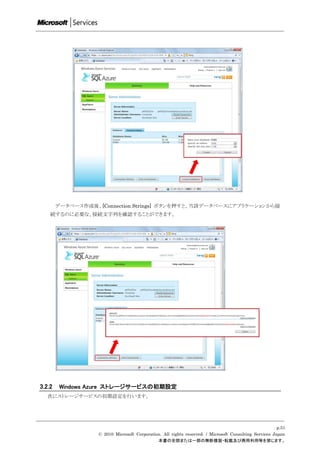 データベース作成後、[Connection Strings] ボタンを押すと、当該データベースにアプリケーションから接
    続するのに必要な、接続文字列を確認することができます。




3.2.2    Windows Azure ストレージサービスの初期設定
   次にストレージサービスの初期設定を行います。




                                                                                                        p.51
                   © 2010 Microsoft Corporation. All rights reserved. / Microsoft Consulting Services Japan
                                              本書の全部または一部の無断複製・転載及び商用利用等を禁じます。
 