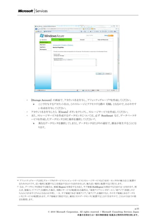 ・   [Storage Account] の画面で、アカウント名を付与し、アフィニティグループ16を作成してください。
            ここで付与するアカウント名は、このストレージにアクセスする際の URL となるので、わかりやす
             い名前を付与してください。
     ・   アカウント名を付与したら [Create] ボタンをクリックし、ストレージサービスを作成してください。
     ・   また、ストレージサービスを作成するデータセンタについては、必ず Southeast など、データベースサ
         ービスを作成したデータセンタと同じ場所を選択してください17。
            異なるデータセンタを選択してしまうと、データセンタまたがりの通信で、課金が発生することにな
             ります。




16 アフィニティグループは同じグループ内のサービス（コンピュートサービスとストレージサービスなど）を同一センタ内の極力近くに配置す
  るためのものです。近い場所に配置することを保証するものではありませんが、極力近い場所に配置するよう努力します。
17 なお、データセンタを指定する場合は、地域（Region）を指定する方法と、サブ地域（SubRegion）を指定する方法の 2 つがあります。例

  えば、地域として「アジア」を選択した場合、実際にサービスが配置される場所は、「東南アジア（シンガポール）」「東アジア（香港）」のど
  ちらかになります（どちらになるかは不明）。一方、サブ地域である「東南アジア」「東アジア」を選択すると、そのサブ地域にあるデータセ
  ンタにサービスが配置されます。サブ地域まで指定すると、確実にそのデータセンタに配置することができますので、こちらの方法での指
  定を推奨します。



                                                                                                         p.53
                    © 2010 Microsoft Corporation. All rights reserved. / Microsoft Consulting Services Japan
                                               本書の全部または一部の無断複製・転載及び商用利用等を禁じます。
 