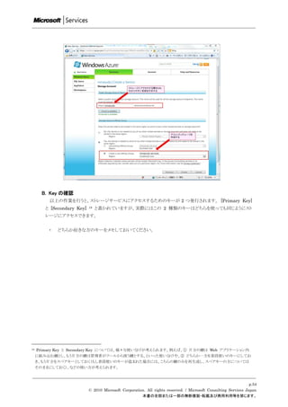 B. Key の確認
          以上の作業を行うと、ストレージサービスにアクセスするためのキーが 2 つ発行されます。 [Primary Key]
        と [Secondary Key]   18   と書かれていますが、実際にはこの 2 種類のキーはどちらを使っても同じようにスト
        レージにアクセスできます。


         ・   どちらか好きな方のキーをメモしておいてください。




18   Primary Key と Secondary Key については、様々な使い分けが考えられます。例えば、① 片方の鍵は Web アプリケーション内
     に組み込む鍵とし、もう片方の鍵は管理者がツールから使う鍵とする、といった使い分けや、② どちらか一方を普段使いのキーにしてお
     き、もう片方をスペアキーとしておく（もし普段使いのキーが盗まれた場合には、こちらの鍵のみを再生成し、スペアキーの方については
     そのままにしておく）、などの使い方が考えられます。



                                                                                                                 p.54
                            © 2010 Microsoft Corporation. All rights reserved. / Microsoft Consulting Services Japan
                                                       本書の全部または一部の無断複製・転載及び商用利用等を禁じます。
 