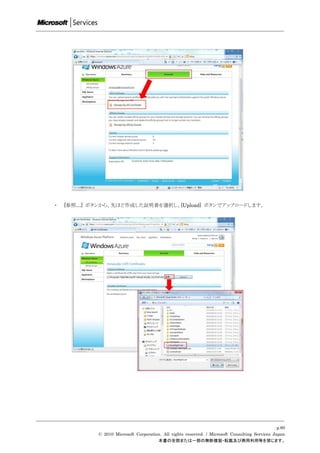 ・   [参照…] ボタンから、先ほど作成した証明書を選択し、[Upload] ボタンでアップロードします。




                                                                                                 p.60
            © 2010 Microsoft Corporation. All rights reserved. / Microsoft Consulting Services Japan
                                       本書の全部または一部の無断複製・転載及び商用利用等を禁じます。
 