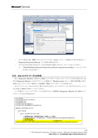 ・        以 上 の 設 定 の 後 、 [OK] ボ タ ン を ク リ ッ ク す る と 、 Azure ス ト レ ー ジ 接 続 文 字 列 が 作 成 さ れ 、 ”
            DiagnosticsConnectionString” という名称で保存されます。
   ・        以下のような文字列になりますが、この文字列を次に利用しますので、コピーしておいてください。
                ” DefaultEndpointsProtocol=https;AccountName=nakama;AccountKey= … （ == と い う 文
                 字で終了する文字列）…”


3.4.2   Blob コンテナ・テーブルの作成
   次に、Diagnostic Monitor で利用する、Blob コンテナやテーブルを、ストレージサービス内に作成します。前
 章の「Diagnostic Monitor によるアプリケーション監視」の、「Windows Azure ストレージ側の事前準備」の項で
 説明したサンプルコードを一部修正し、本番環境へ Blob コンテナやテーブルを作成します。
   以下にフルソースコードを示しますが、修正するのは下記ソースコード中のマーカーされた行のみです。ここに、
 先に作成した接続文字列をペーストしてください。
   コードを修正し、コンソールアプリケーションを実行すると、本番環境に Diagnostic Monitor 用の Blob コンテ
 ナやテーブルなどが作成されます。

    using   System;
    using   System.Collections.Generic;
    using   System.Linq;
    using   System.Text;
    using   Microsoft.WindowsAzure;
    using   Microsoft.WindowsAzure.StorageClient;

    namespace ConsoleApplication1
    {
        class Program
        {
            static void Main(string[] args)
            {
                // 開発環境の場合（運用環境の場合には適宜コードを修正)
                //CloudStorageAccount storageAccount = CloudStorageAccount.DevelopmentStorageAccount;
                // 運用環境の場合
                CloudStorageAccount                              storageAccount                              =
    CloudStorageAccount.Parse("DefaultEndpointsProtocol=https;AccountName=azuretest;AccountKey=xxxxxxxx");




                                                                                                                  p.66
                             © 2010 Microsoft Corporation. All rights reserved. / Microsoft Consulting Services Japan
                                                        本書の全部または一部の無断複製・転載及び商用利用等を禁じます。
 