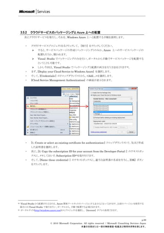3.5.2   クラウドサービスのパッケージングと Azure 上への配置
        次にクラウドサービスを発行し、それを、Windows Azure 上へと配置する手順を説明します。


        ・    クラウドサービスプロジェクトを右クリックして、 [発行] をクリックしてください。
                すると、サービスパッケージの作成（パッケージング）のみか、Azure 上へのサービスパッケージの
                 配置も行うか、聞かれます。
                Visual Studio でパッケージングのみを行い、ポータルから手動でサービスパッケージを配置する
                 ということも可能です。
                しかし今回は、Visual Studio でパッケージングと配置の両方を行う方法をとります22。
        ・    まず、[Deploy your Cloud Service to Windows Azure] を選択します。
        ・    そして、[Credentials:] のドロップダウンリストから、<Add…>を選択します。
        ・    [Cloud Service Management Authentication] の画面が表示されます。




        ・    [1. Create or select an existing certificate for authentication:] ドロップダウンリストで、先ほど作成
             した証明書を選択します。
        ・    次に、[3. Copy the subscription ID for your account from the Developer Portal: ] のテキストボッ
             クスに、メモしておいた Subscription ID23を貼り付けます。
        ・    そして、[Name these credential: ] のテキストボックスに、適当な証明書の名前を付与し、[OK] ボタン
             をクリックします。




22 Visual Studio から配置が行えるのは、Azure 開発ツールキットのバージョンが 1.2 からになっております。以前のバージョンを使用する
  場合には Visual Studio で発行を行い、ポータルから、手動で配置する必要があります。
23 ポータルサイト(http://windows.azure.com)からプロジェクトを選択し、 [Account] タブから取得できます。




                                                                                                                p.69
                           © 2010 Microsoft Corporation. All rights reserved. / Microsoft Consulting Services Japan
                                                      本書の全部または一部の無断複製・転載及び商用利用等を禁じます。
 