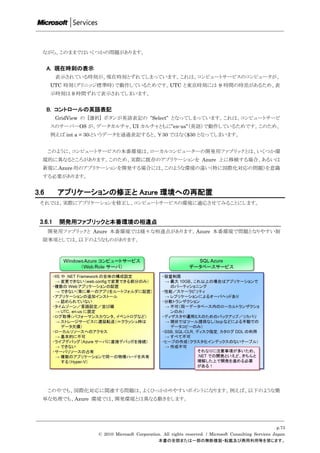 ながら、このままではいくつかの問題があります。


      A. 現在時刻の表示
         表示されている時刻が、現在時刻とずれてしまっています。これは、コンピュートサービスのコンピュータが、
      UTC 時刻（グリニッジ標準時）で動作しているためです。UTC と東京時刻には 9 時間の時差があるため、表
      示時刻は 9 時間ずれて表示されてしまいます。


      B. コントロールの英語表記
         GridView の [選択] ボタンが英語表記の ”Select” となってしまっています。これは、コンピュートサービ
      スのサーバーOS が、データカルチャ、UI カルチャともに”en-us”（英語）で動作しているためです。このため、
      例えば int a = 30;というデータを通過表記すると、￥30 ではなく$30 となってしまいます。


      このように、コンピュートサービスの本番環境は、ローカルコンピューターの開発用ファブリックとは、いくつか環
  境的に異なるところがあります。このため、実際に既存のアプリケーションを Azure 上に移植する場合、あるいは
  新規に Azure 用のアプリケーションを開発する場合には、このような環境の違い（特に国際化対応の問題）を意識
  する必要があります。


3.6      アプリケーションの修正と Azure 環境への再配置
 それでは、実際にアプリケーションを修正し、コンピュートサービスの環境に適応させてみることにします。


 3.6.1    開発用ファブリックと本番環境の相違点
      開発用ファブリックと Azure 本番環境では様々な相違点があります。Azure 本番環境で問題となりやすい制
  限事項としては、以下のようなものがあります。




      この中でも、国際化対応に関連する問題は、よくひっかかりやすいポイントになります。例えば、以下のような簡
  単な処理でも、Azure 環境では、開発環境とは異なる動きをします。




                                                                                                         p.73
                    © 2010 Microsoft Corporation. All rights reserved. / Microsoft Consulting Services Japan
                                               本書の全部または一部の無断複製・転載及び商用利用等を禁じます。
 