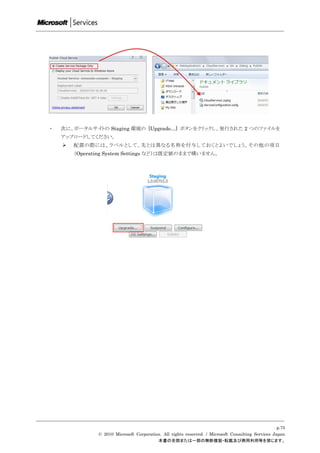 ・   次に、ポータルサイトの Staging 環境の [Upgrade…] ボタンをクリックし、発行された 2 つのファイルを
    アップロードしてください。
       配置の際には、ラベルとして、先とは異なる名称を付与しておくとよいでしょう。その他の項目
        （Operating System Settings など）は既定値のままで構いません。




                                                                                                    p.75
               © 2010 Microsoft Corporation. All rights reserved. / Microsoft Consulting Services Japan
                                          本書の全部または一部の無断複製・転載及び商用利用等を禁じます。
 