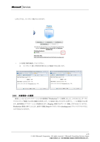 しばらくすると、インスタンス数が 3 になります。




   ・    この状態で動作確認してみてください。
           インスタンス ID が時折切り替わることが確認できると思います。




3.6.6   本番環境への展開
   最後に、いよいよこのアプリケーションを本番環境（”Production”）へと展開しましょう。このためには、ポータル
 サイトのスワップ機能（入れ替え機能）を利用します。この画面の真ん中のボタンを押すと、二つの環境が入れ替
 わり、運用環境にアプリケーションが配置されます。Staging 環境ではダミーの URL が付与されていますが、
 Production 環境に移すことにより、通常の URL（http://<アカウント名>.cloudapp.net）アドレスでアクセスするこ
 とができるようになります。




                                                                                                      p.78
                 © 2010 Microsoft Corporation. All rights reserved. / Microsoft Consulting Services Japan
                                            本書の全部または一部の無断複製・転載及び商用利用等を禁じます。
 