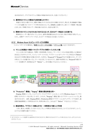 金が決まります。（アジアはトラフィック課金の単価が高めなため、注意してください25。）


       C. 運用時はトラフィック課金が比較的膨らみやすい
             単価だけ見ると尐額ですが、実際の Web サイトではそれなりの金額になります。例えば、約 500kB の Web
         ページが 5,000 回／日のペースで呼び出されたとしても、500kB x 5,000 回 x 30 日 = 75GB の転送量
         になり、決して無視できないデータ転送量になるため、注意が必要です。


       D. 開発中のトラフィックはそれほど大きくならないが、巨大なデータ転送には注意する
             開発時はユーザー数が尐ないでしょうから、通常は数 GB もあれば十分であり、数百円程度で済むでしょぅ。
         ただし、初期データのアップロードなど、巨大データの転送には注意してください。


     4.1.2    Windows Azure コンピュートサービスの課金
        コンピュートサービスの課金は、「物理マシンリソースの占有量」と「トラフィック量」に応じて決まります。


       A. マシン占有課金＝単価×サイズ×デプロイ時間×インスタンス数
             マシン占有に対する課金は、「CPU の利用時間」ではなく、「サーバリソースの占有量と時間」により課金が
         決まるところがポイントです。コンピュートサービスでは、アプリケーションをアップロードした時点から”Delete”
         されるまでの時間が課金の対象となります。なぜなら、“Suspend”や“Stopped”などの状態のように、サービス
         が停止していた状態であっても、リソースを占有しているためです。実際の利用時には、“Suspend”状態でサ
         ーバーを放置せず、使用後は必ず “Delete” し、空の状態にするようにしてください。




       B. “Production” 環境と “Staging” 環境の課金単価は同一
             Staging 環境といっても、ここにアップロードしたアプリケーションは、しっかりと Windows Azure インフラの
         CPU やメモリリソースを占有しています。このため、”Staging” 環境に置いたアプリケーションについても、課
         金が行われます。 通常、Staging 環境は、Production 環境のアプリケーションをアップグレードする前の、最
         終動作確認環境として利用されますが、利用が済んだら、これも必ず “Delete” するようにしてください。


       C. 課金時間は、「デプロイ～削除」までを 1 時間単位で繰り上げ計算
             つまり、数分しか配置していなかったとしても、1 時間分の課金が行われる、ということになります。よって、
         以下のような操作は避けてください。



25   北アメリカやヨーロッパに配置すると通信料はやや安くなりますが、開発中はそれほどトラフィックが多くならないため、必ずしもメリットは
     大きくないでしょう。



                                                                                                             p.82
                        © 2010 Microsoft Corporation. All rights reserved. / Microsoft Consulting Services Japan
                                                   本書の全部または一部の無断複製・転載及び商用利用等を禁じます。
 