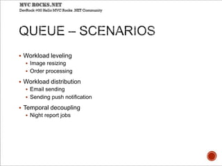  Workload leveling
 Image resizing
 Order processing
 Workload distribution
 Email sending
 Sending push notification
 Temporal decoupling
 Night report jobs
 