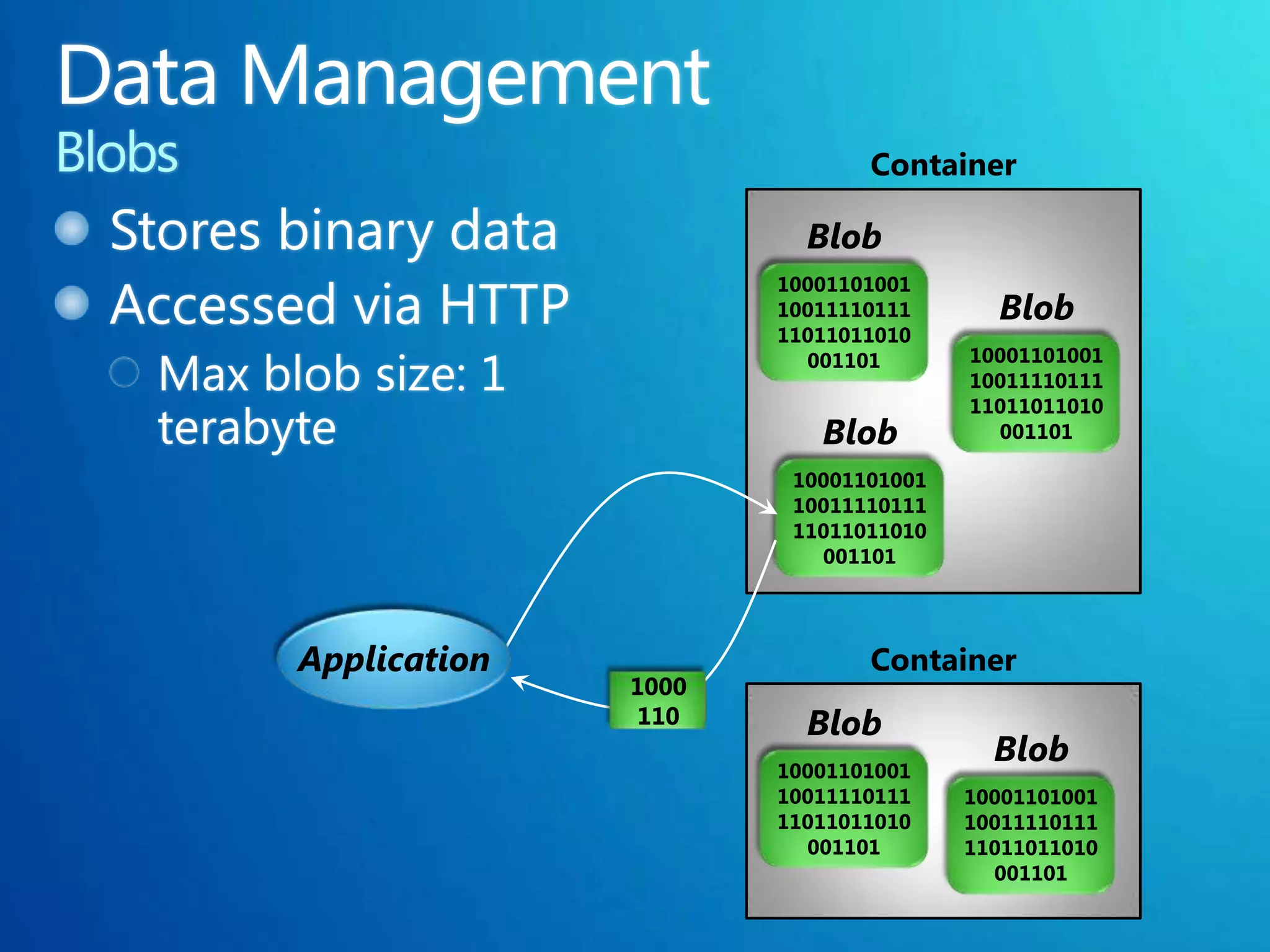Container

                       Blob
                     10001101001
                     10011110111      Blob
                     11011011010
                       001101       10001101001
                                    10011110111
                                    11011011010
                        Blob          001101

                      10001101001
                      10011110111
                      11011011010
                        001101




Application                 Container
              1000
              110      Blob
                     10001101001
                                      Blob
                     10011110111    10001101001
                     11011011010    10011110111
                       001101       11011011010
                                      001101
 