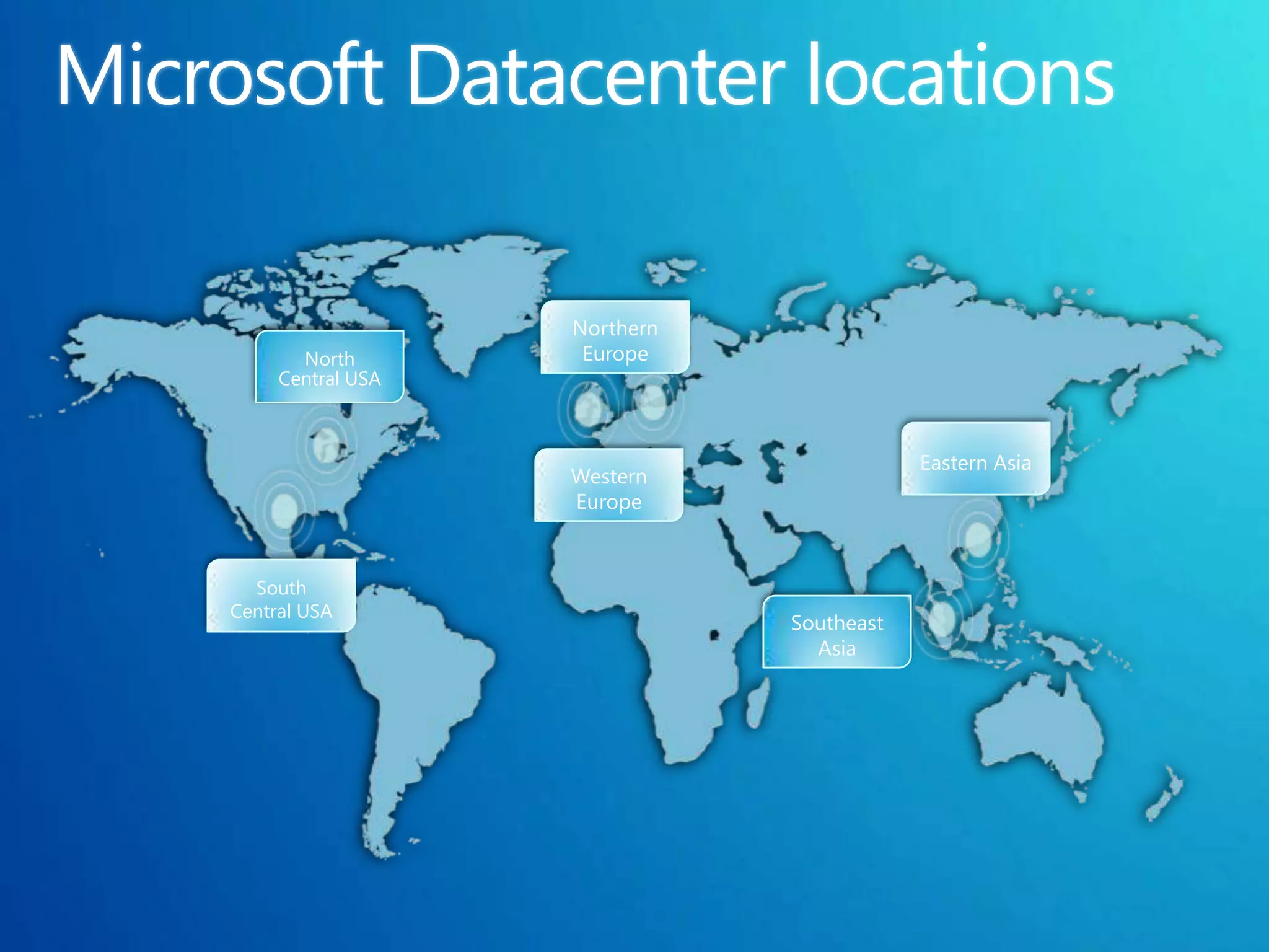 Northern
       North        Europe
     Central USA



                                          Eastern Asia
                   Western
                   Europe



  South
Central USA
                              Southeast
                                Asia
 