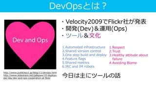 ・Velocity2009でFlickr社が発表
・開発(Dev)＆運用(Ops)
・ツール＆文化
DevOpsとは？
1.Automated infrastructure
2.Shared version control
3.One step...