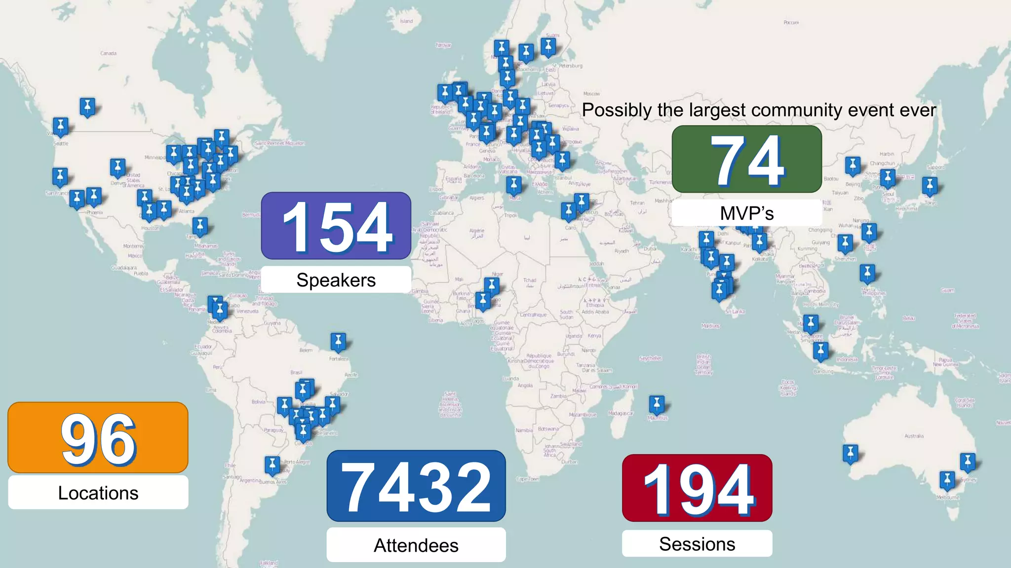 Possibly the largest community event ever

MVP’s

Speakers

Locations
Attendees

Sessions

 