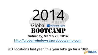 Saturday, March 29, 2014
http://global.windowsazurebootcamp.com
90+ locations last year, this year let’s go for a 100!

 