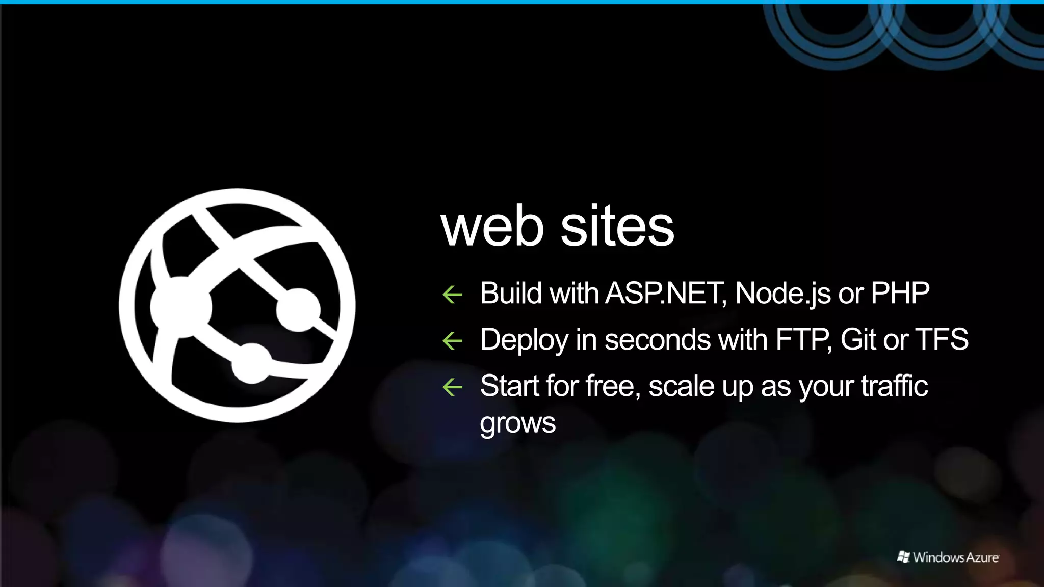 web sites
   Build with ASP.NET, Node.js or PHP
   Deploy in seconds with FTP, Git or TFS
   Start for free, scale up as your traffic
    grows
 