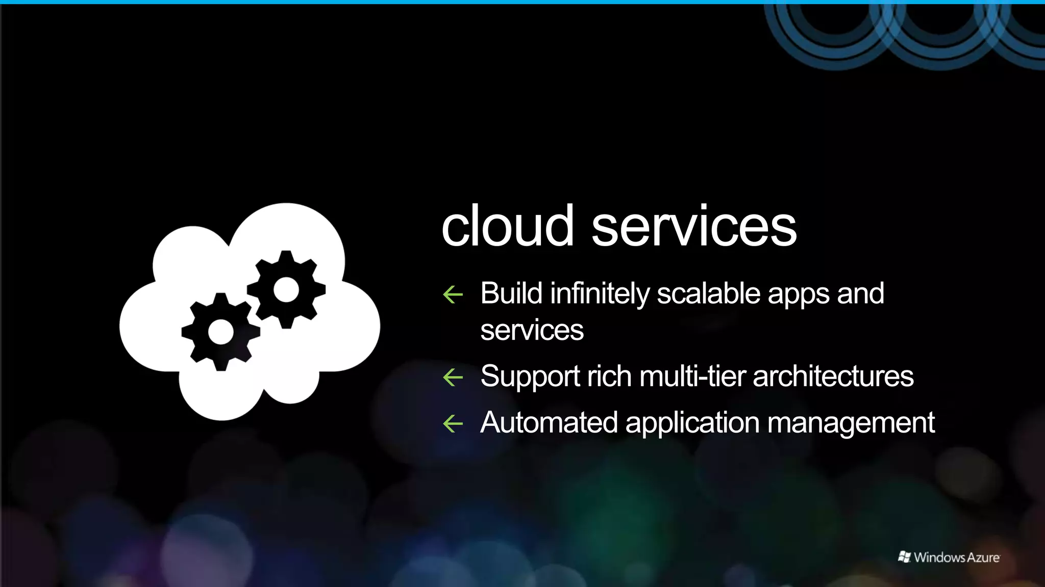 cloud services
   Build infinitely scalable apps and
    services
   Support rich multi-tier architectures
   Automated application management
 