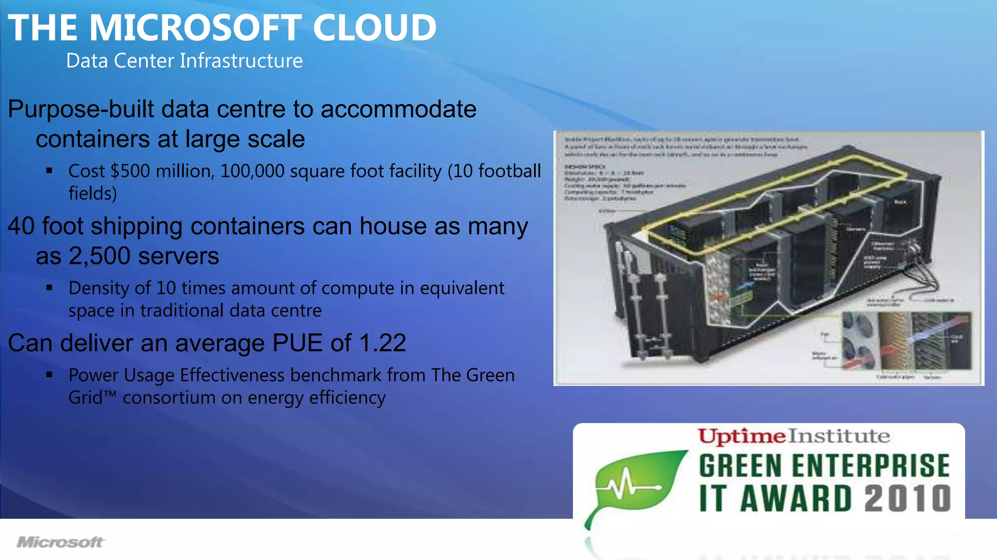 THE MICROSOFT CLOUD
     Data Center Infrastructure

Purpose-built data centre to accommodate
  containers at large scale
    Cost $500 million, 100,000 square foot facility (10 football
     fields)
40 foot shipping containers can house as many
  as 2,500 servers
    Density of 10 times amount of compute in equivalent
     space in traditional data centre
Can deliver an average PUE of 1.22
    Power Usage Effectiveness benchmark from The Green
     Grid™ consortium on energy efficiency
 