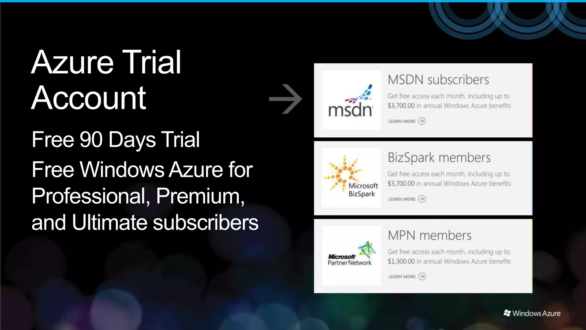 Azure Trial
Account                    
Free 90 Days Trial
Free Windows Azure for
Professional, Premium,
and Ultimate subscribers
 