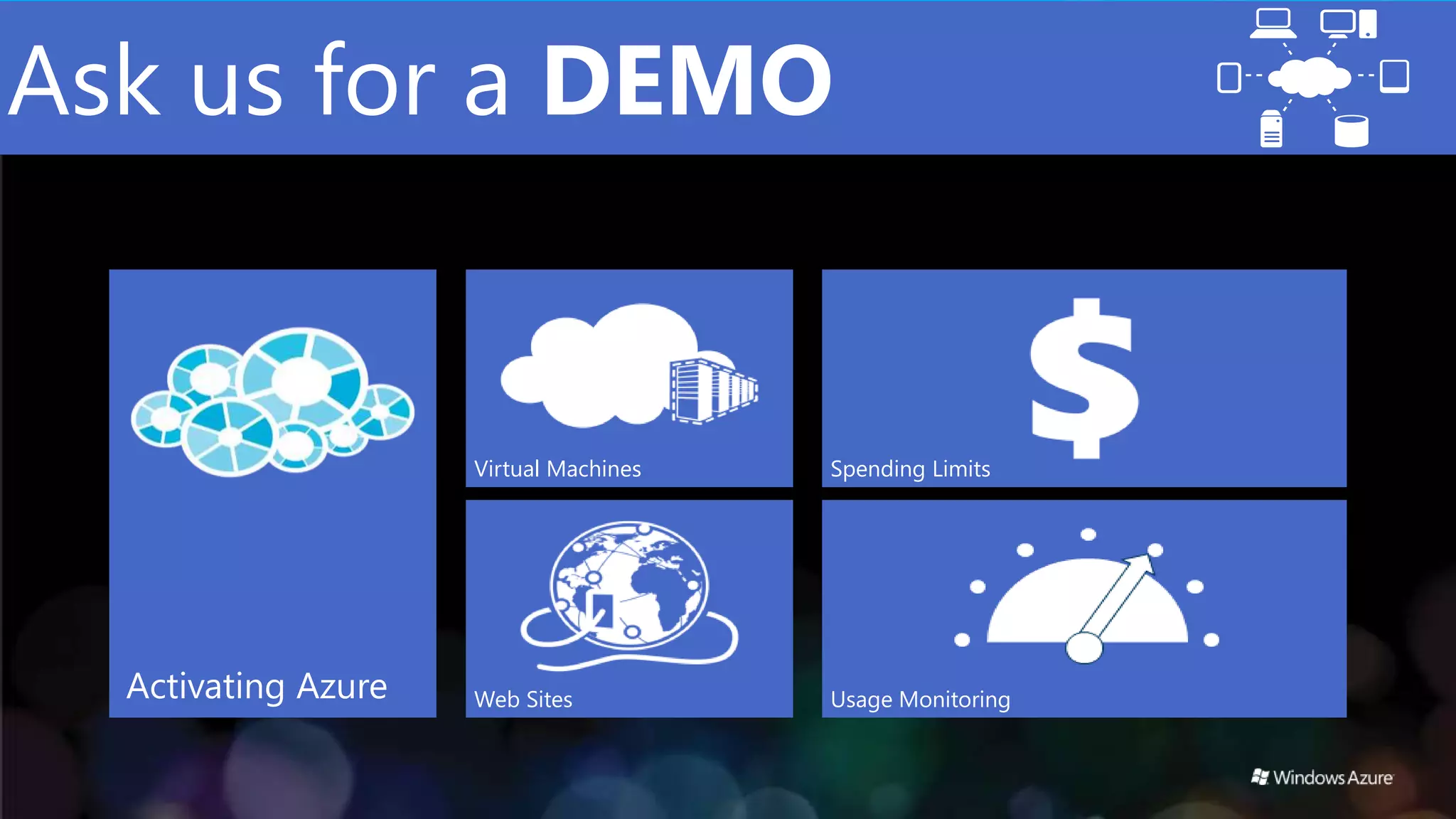 Ask us for a DEMO


                     Virtual Machines   Spending Limits




  Activating Azure   Web Sites          Usage Monitoring
 