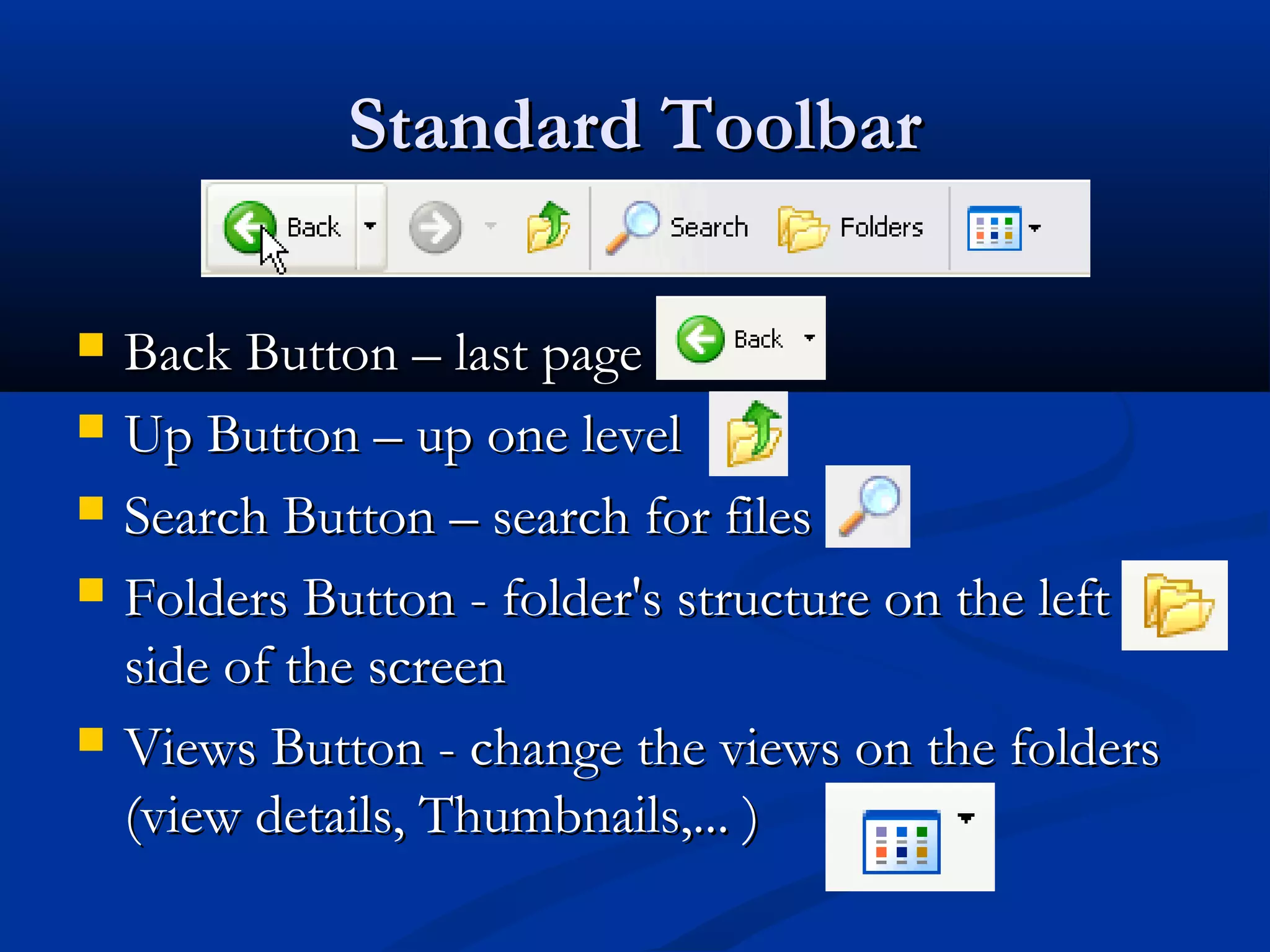 Standard ToolbarStandard Toolbar
 Back Button – last pageBack Button – last page
 Up Button – up one levelUp Button – up one level
 Search Button – search for filesSearch Button – search for files
 Folders Button - folder's structure on the leftFolders Button - folder's structure on the left
side of the screenside of the screen
 Views Button - change the views on the foldersViews Button - change the views on the folders
(view details, Thumbnails,... )(view details, Thumbnails,... )
 